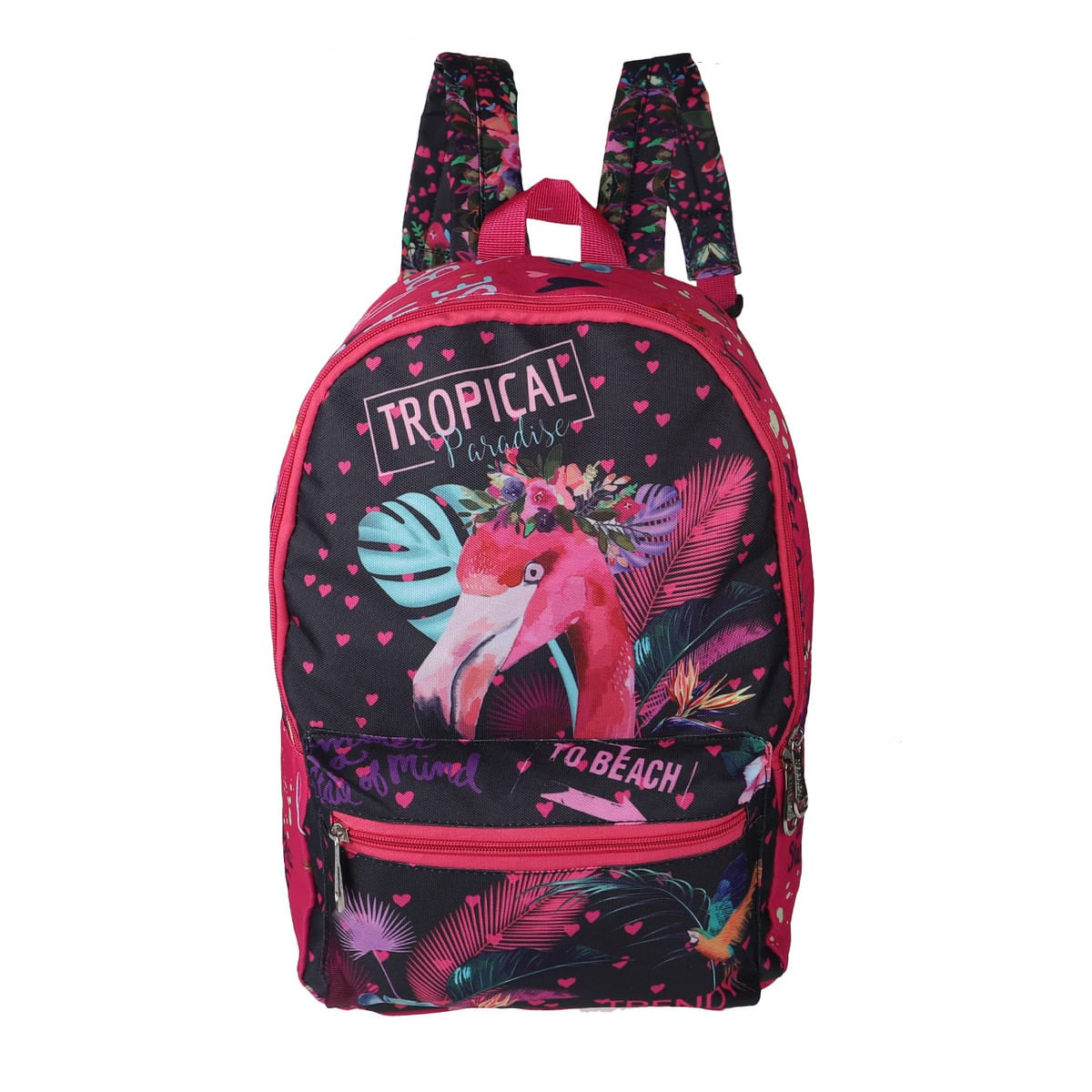 Mochila Trendy estampada unicornio/ gatito/flamenco c/ bolsillo